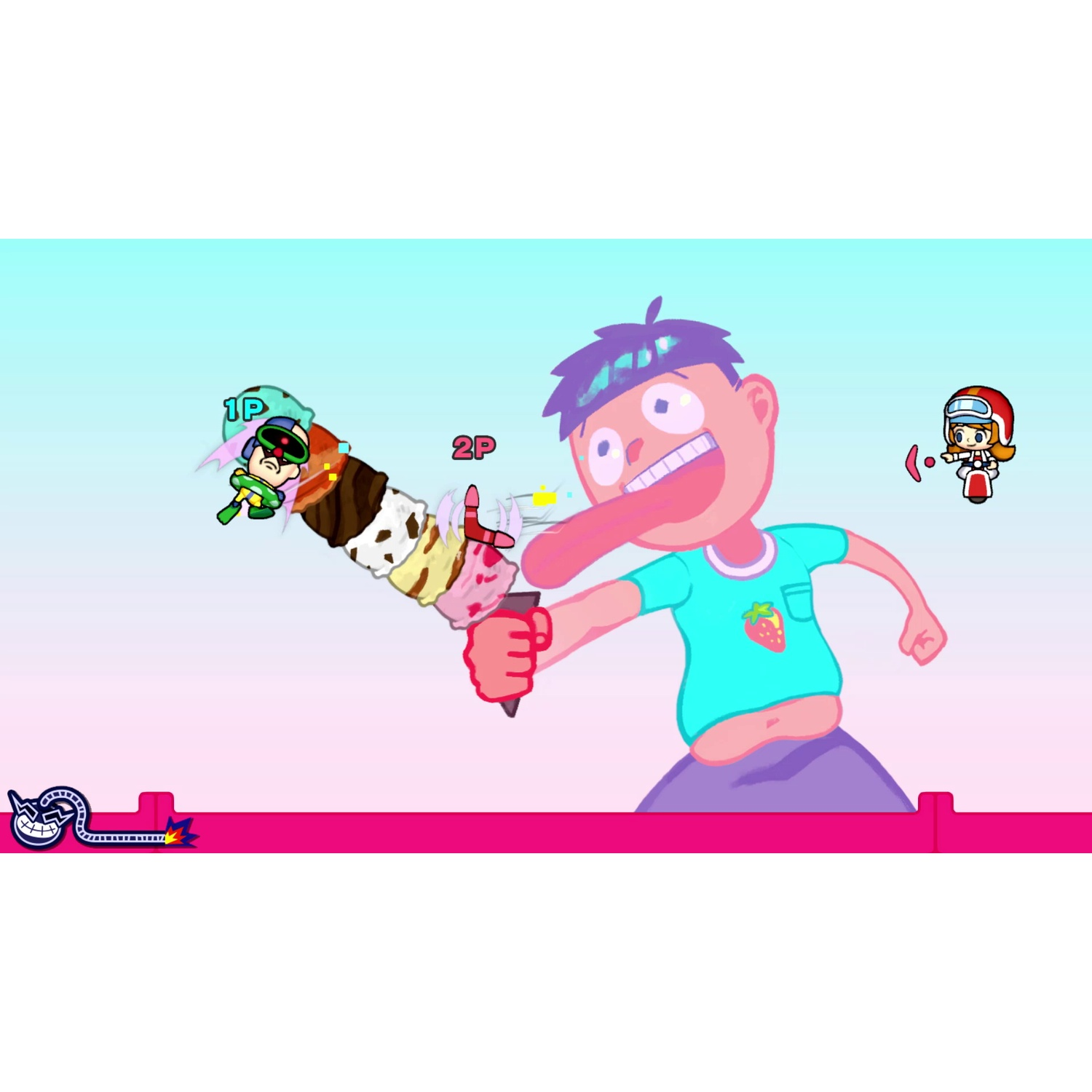 A pink-skinned boy eats a giant ice cream cone as a small character rides a scooter.