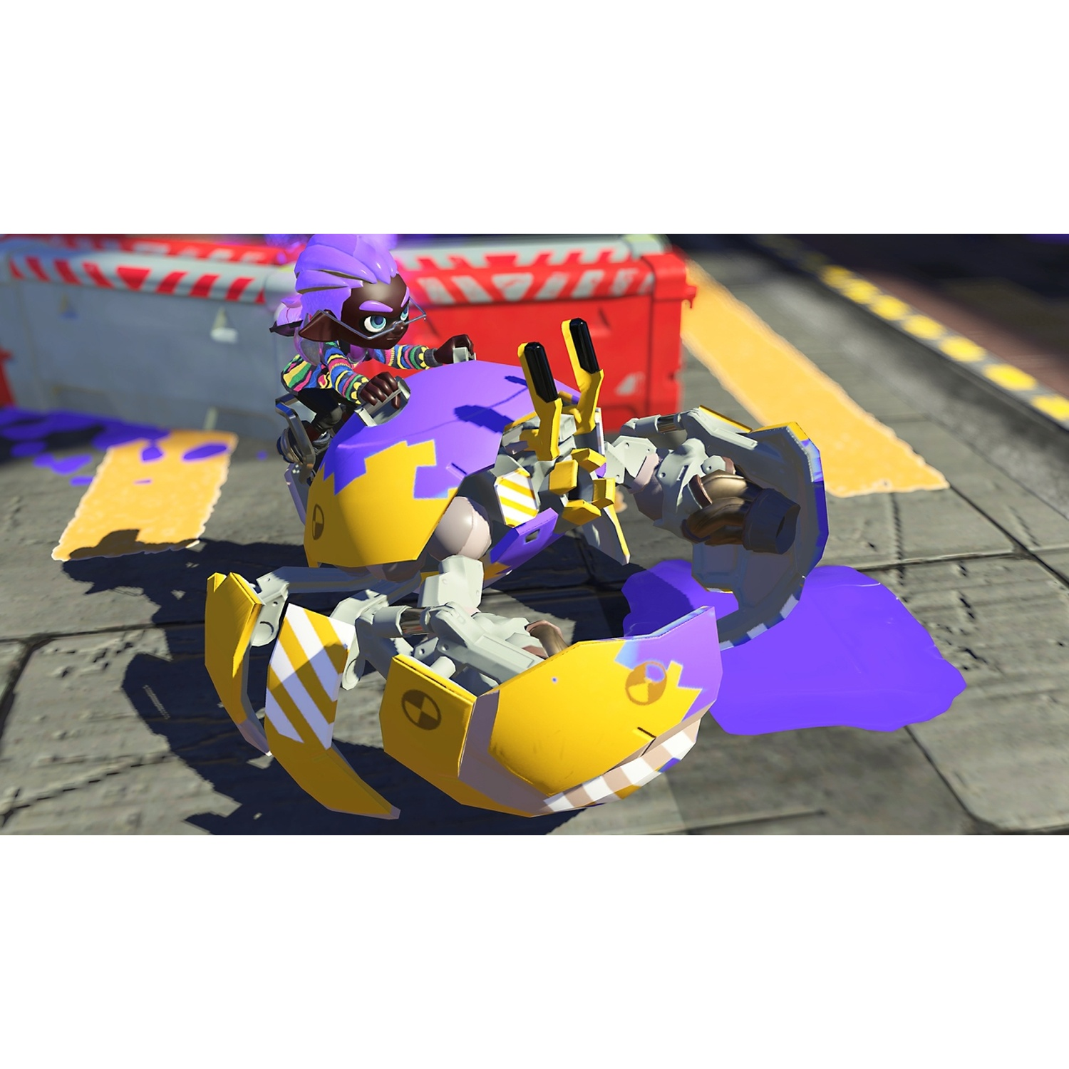 A purple-haired character rides a yellow and purple robot with stripes.