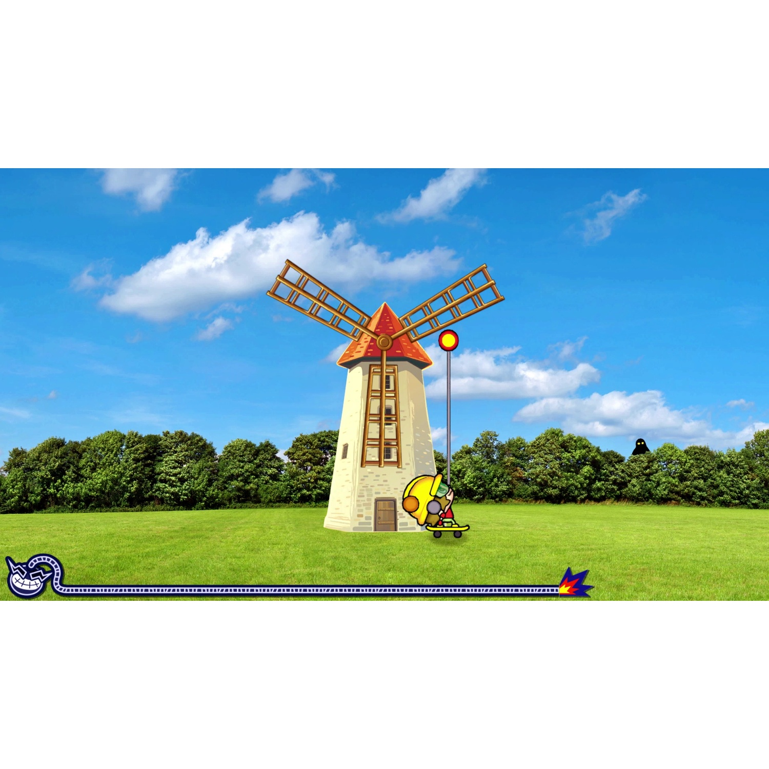 Cartoon character on skateboard near windmill, green field, blue sky.