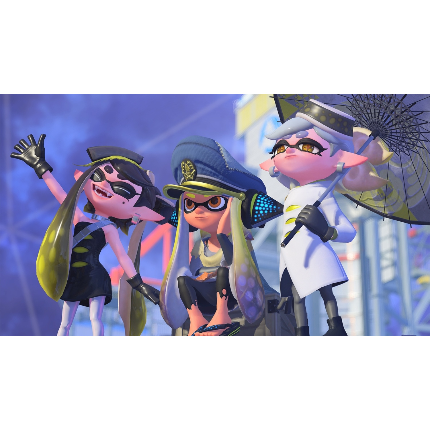 Three cartoon characters in uniforms and hats stand before a blue sky.