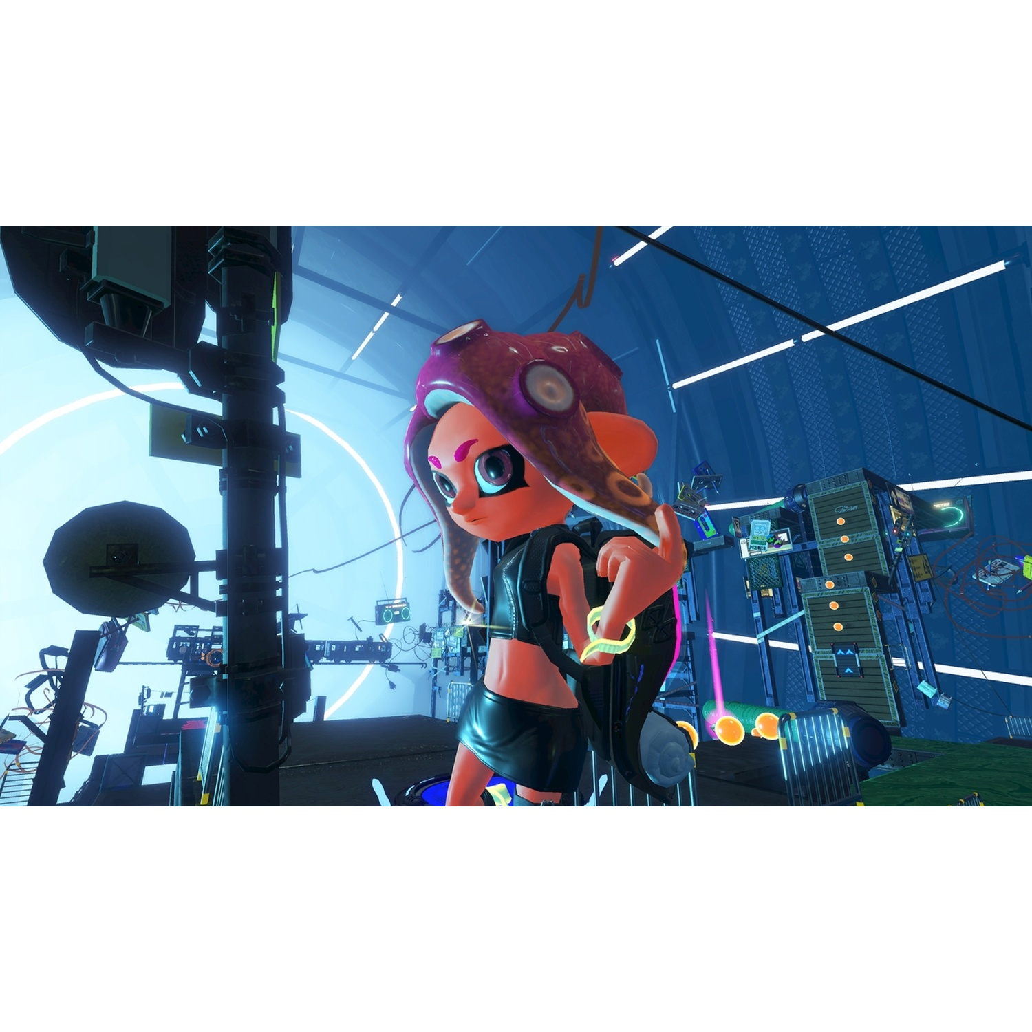 An Octoling girl with tentacles for hair stands in a futuristic city with neon lights.