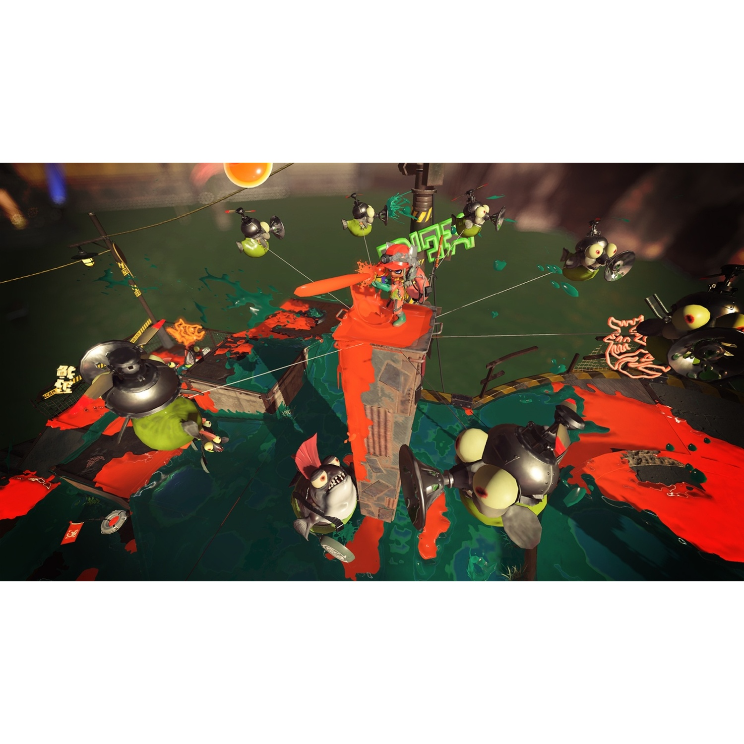 Characters battle in a green and red ink-splattered arena.