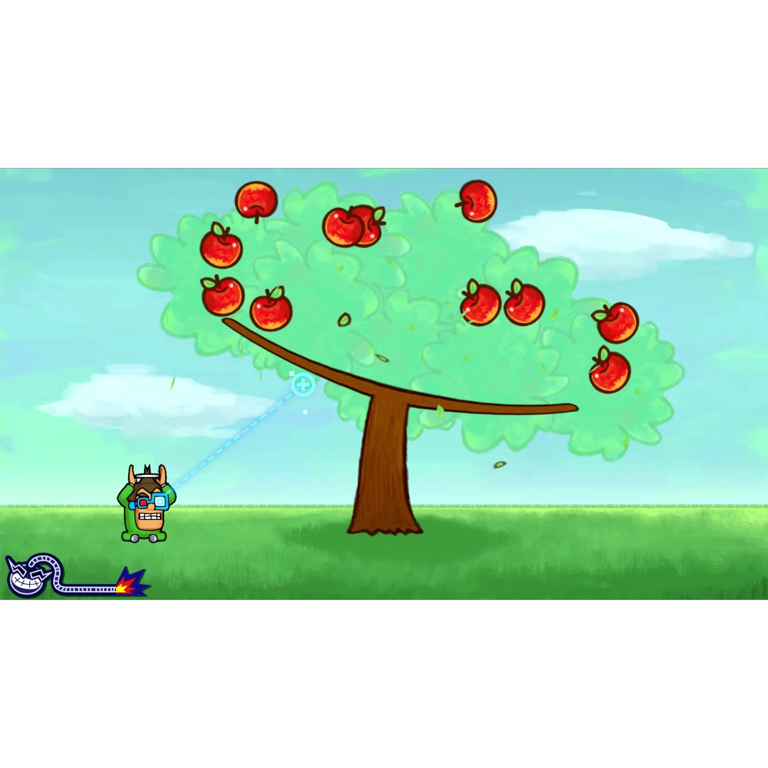 A green monster aims a beam at an apple tree full of apples.
