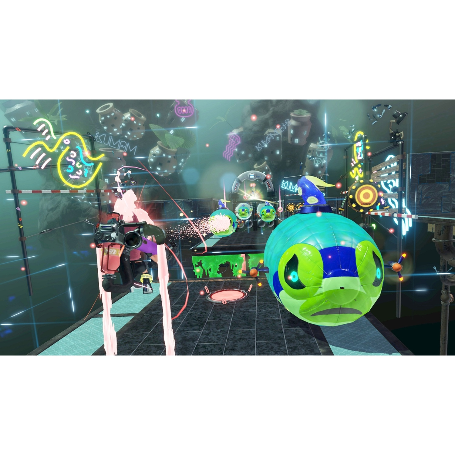 A cartoon-like character with a green and blue body, wearing a blue hat, is on a platform. Neon signs and floating objects are in the background.