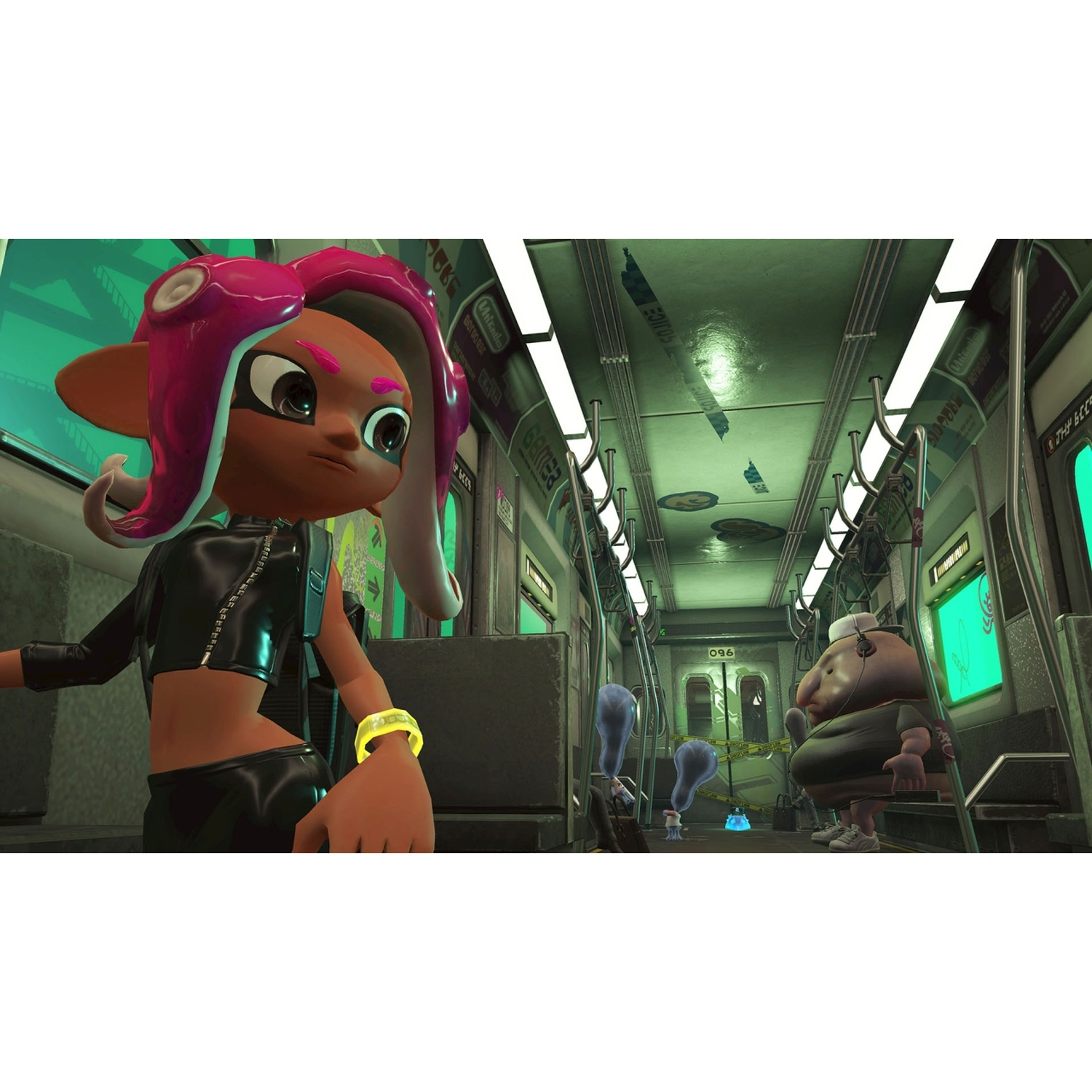 A young woman with pink tentacles in a subway car with strange creatures.