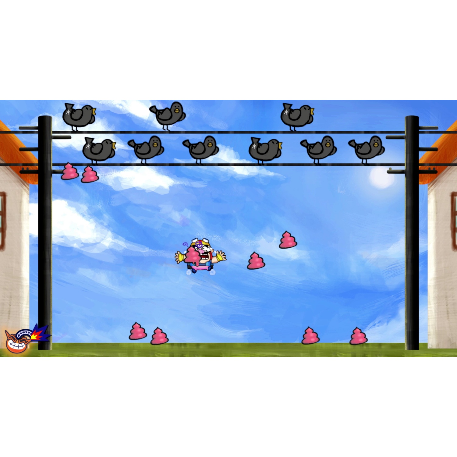Cartoon character flying, poop falling, birds on wire, blue sky.
