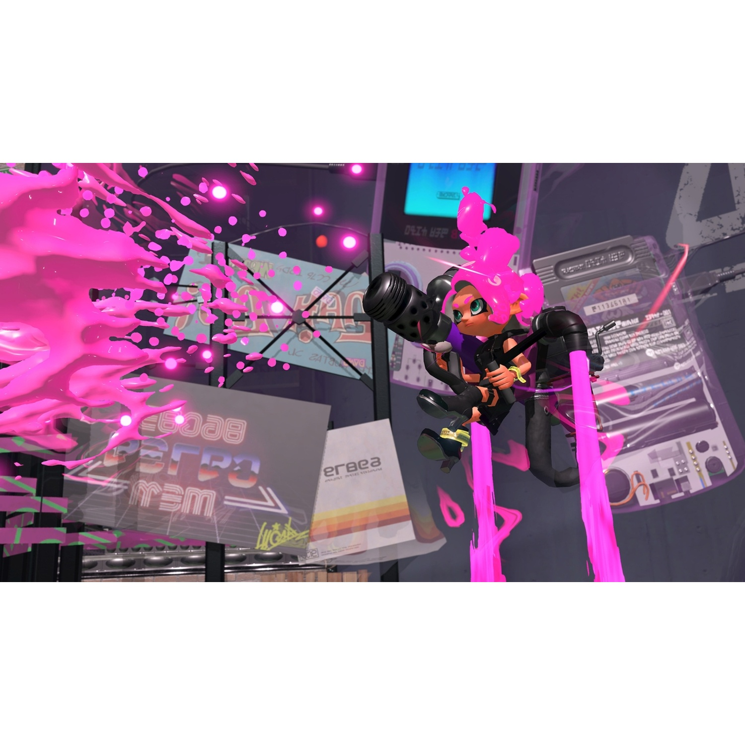 An Inkling sprays pink ink from a weapon in an urban setting.