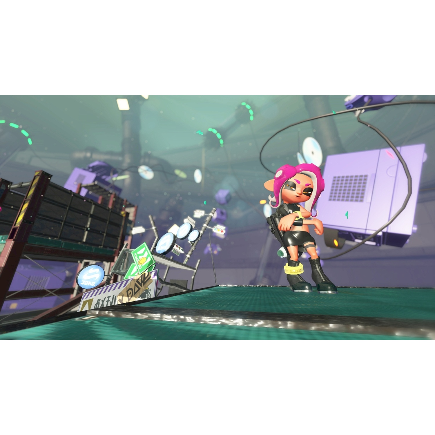 An Octoling with pink hair stands on a green platform, with purple and gray background.