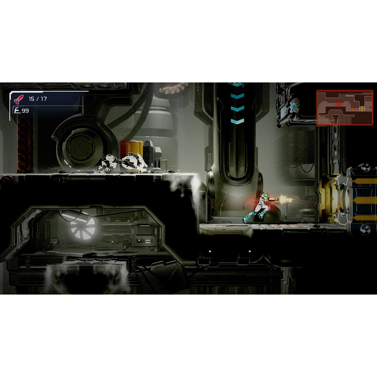 A character in a white and teal suit fires a weapon.