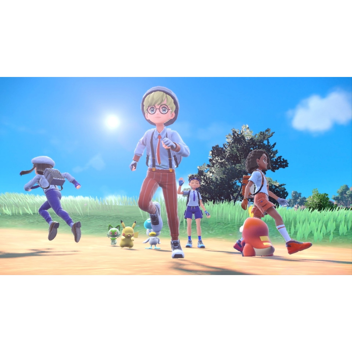 People and Pokémon run across a field under a blue sky.