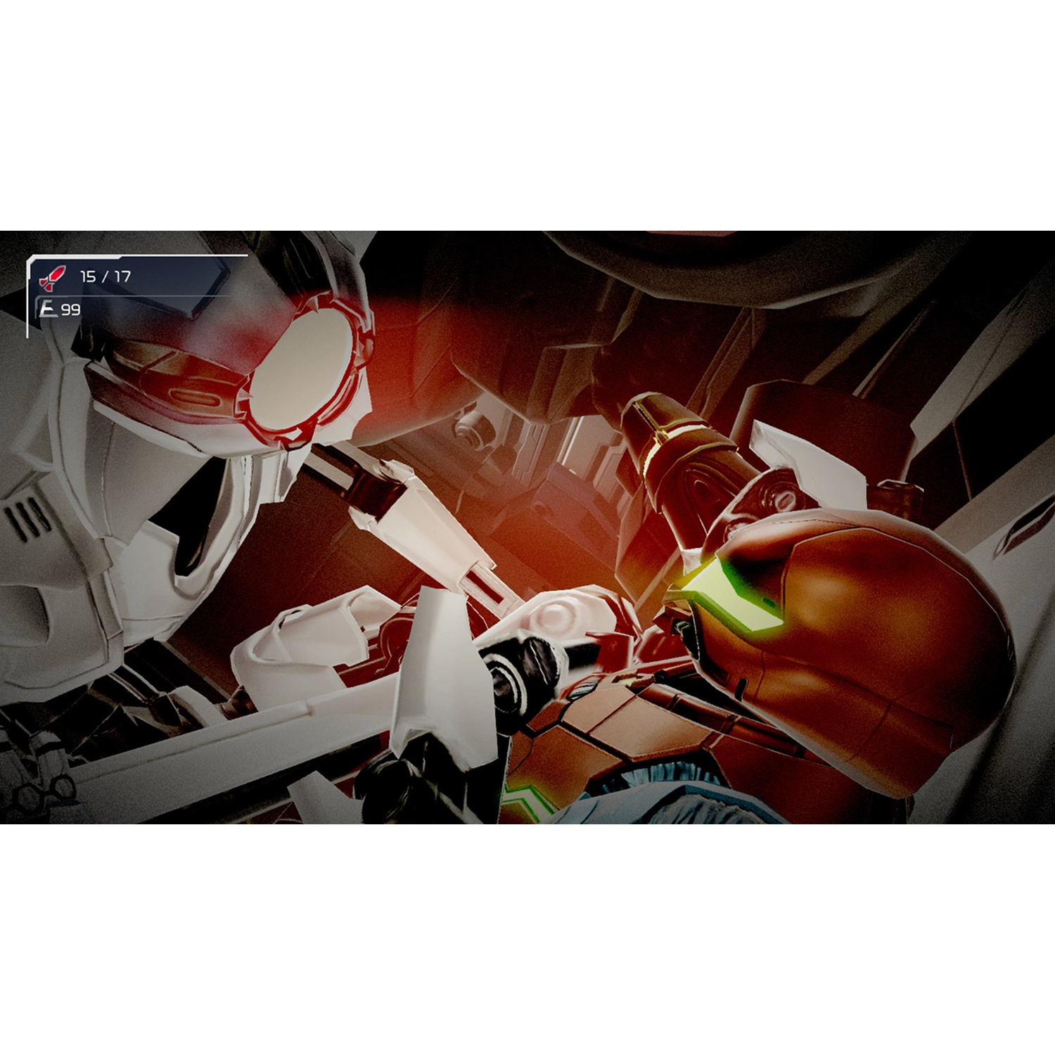 Two robots fight in a dark room; one is white, the other red and green.