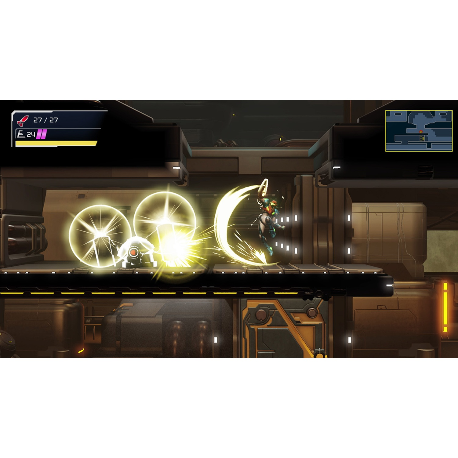 Samus in a blue suit attacks an enemy with a yellow energy beam in a futuristic hallway.