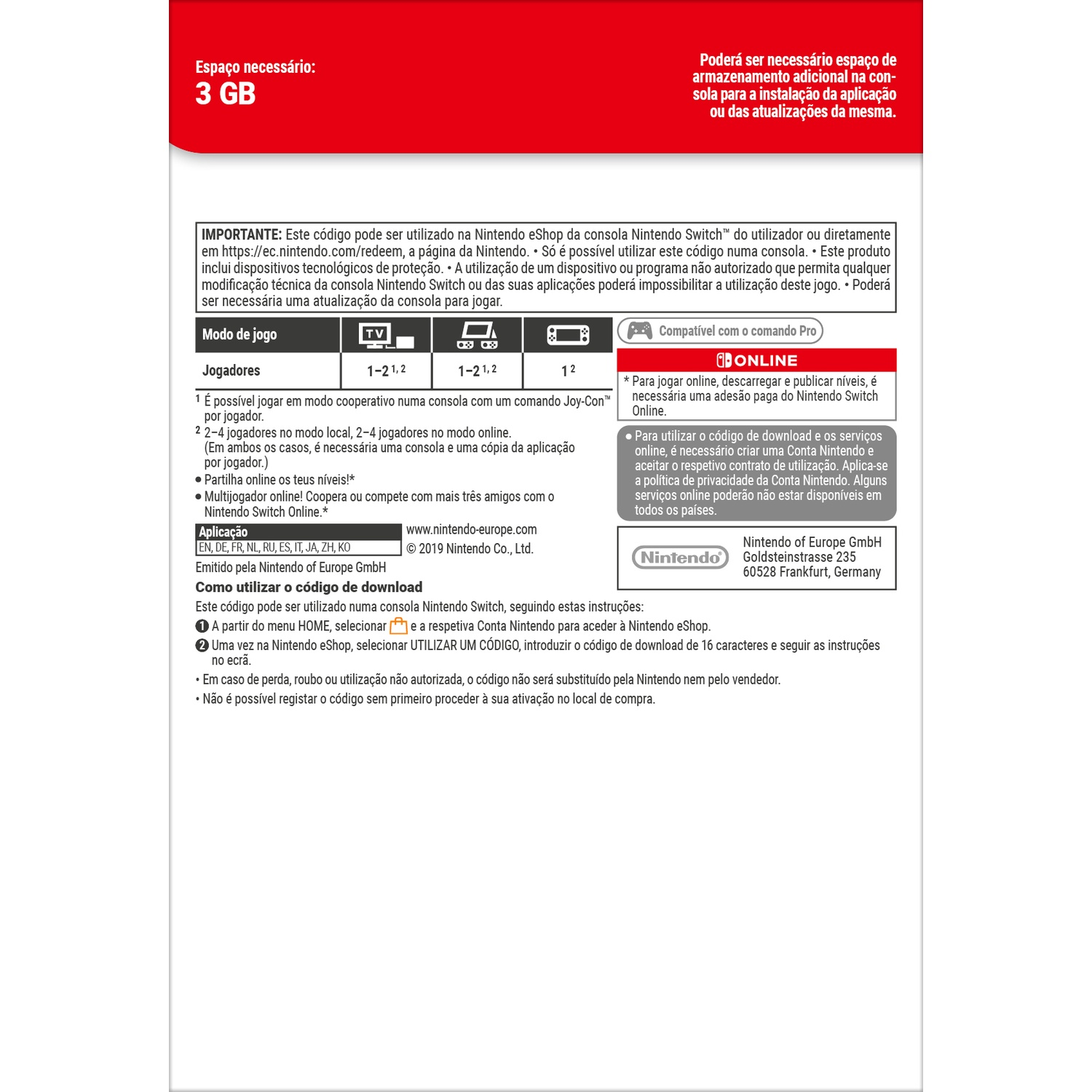 Nintendo Switch guide: 3 GB space needed. Online features require Nintendo Switch Online subscription.