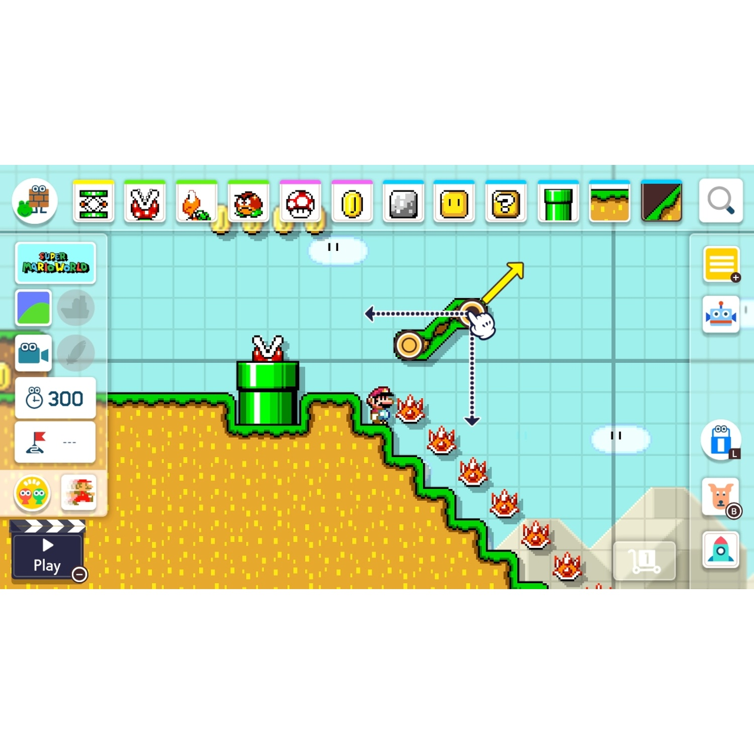 Super Mario Maker 2: Mario stands on yellow terrain next to a green pipe.