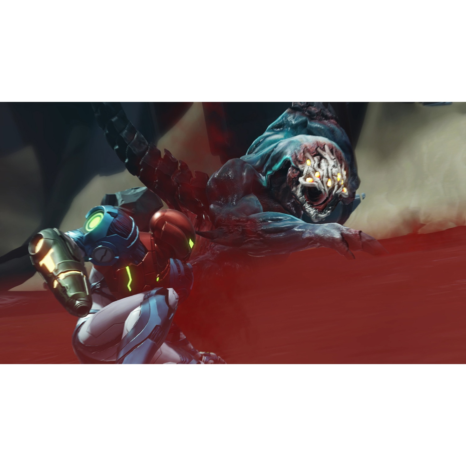 Samus Aran battles a blue monster with many eyes on a red background.