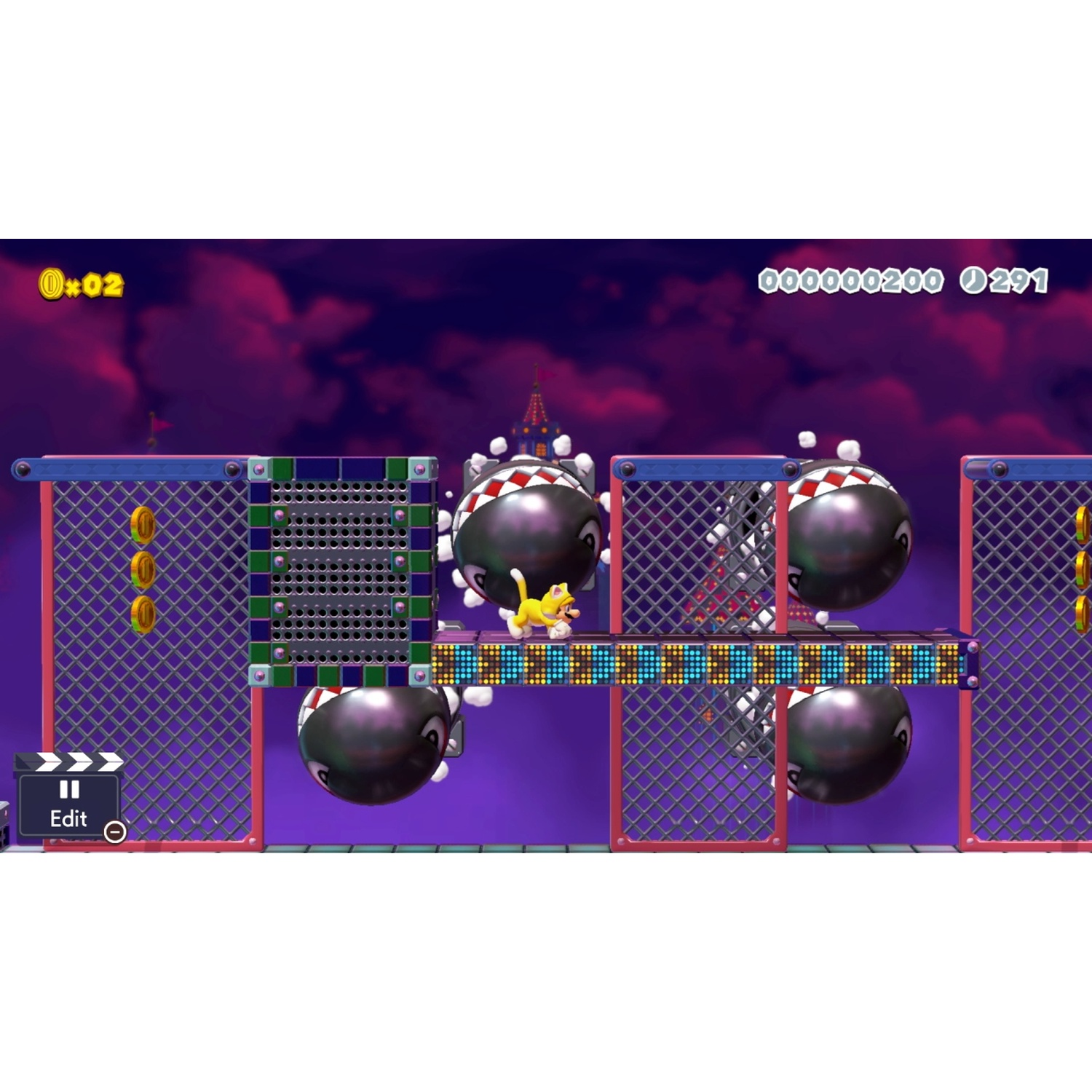 A yellow character runs on a platform with Bullet Bills against a purple sky.