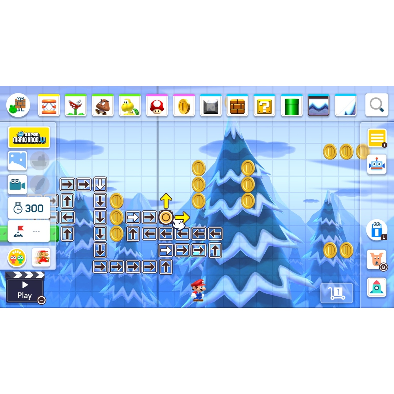 Super Mario Maker 2 level editor with Mario, coins, and snowy trees.