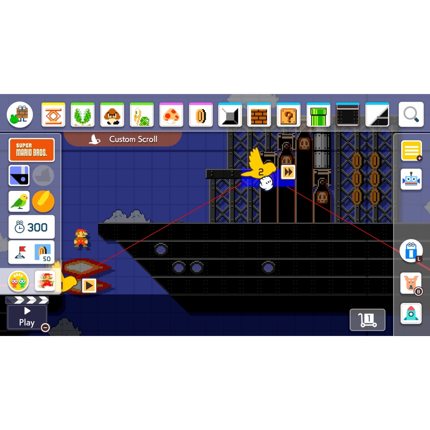Super Mario Maker 2 interface showing level editor with Mario, enemies, and tools.