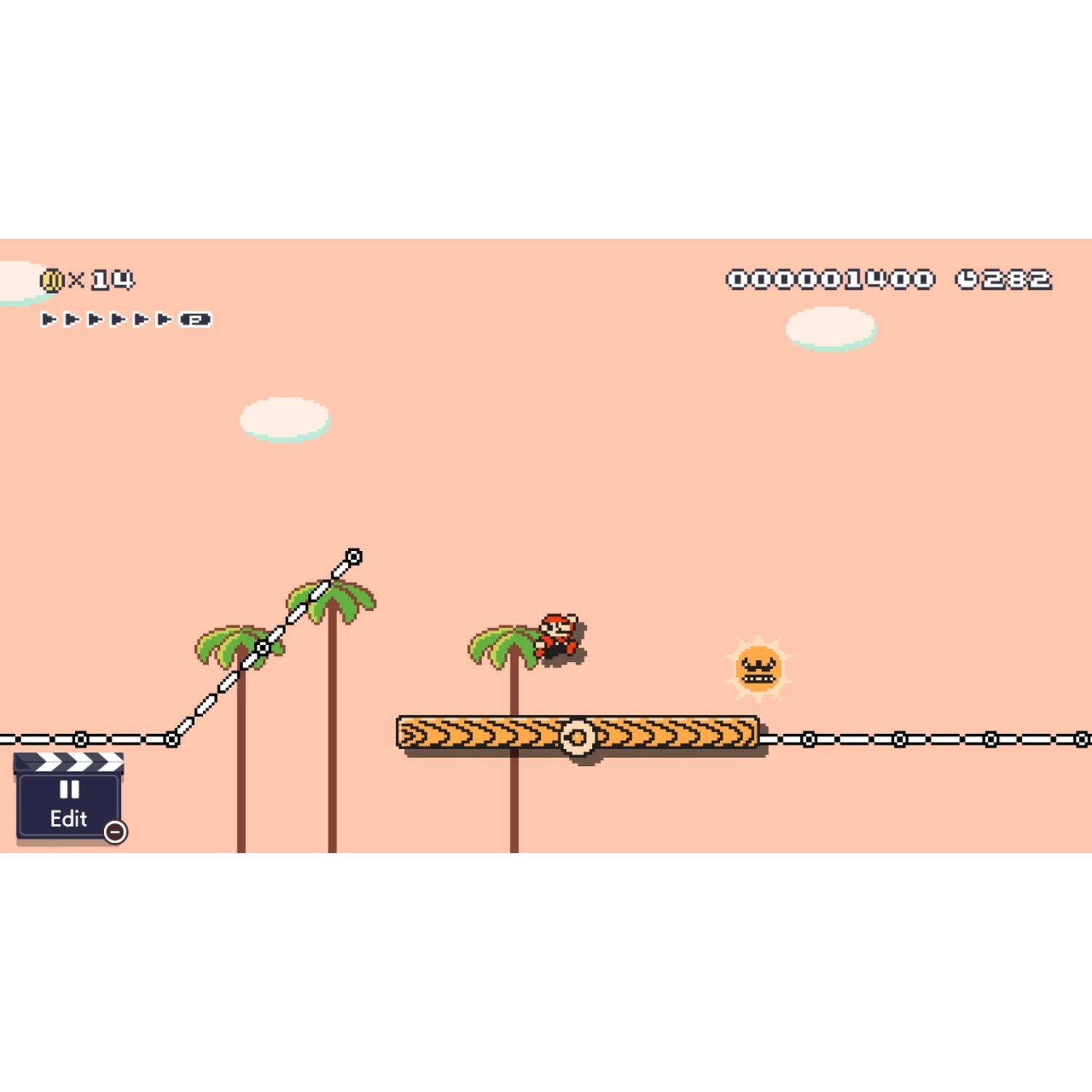Mario game scene with Mario on a platform, palm trees, coins and a sun.