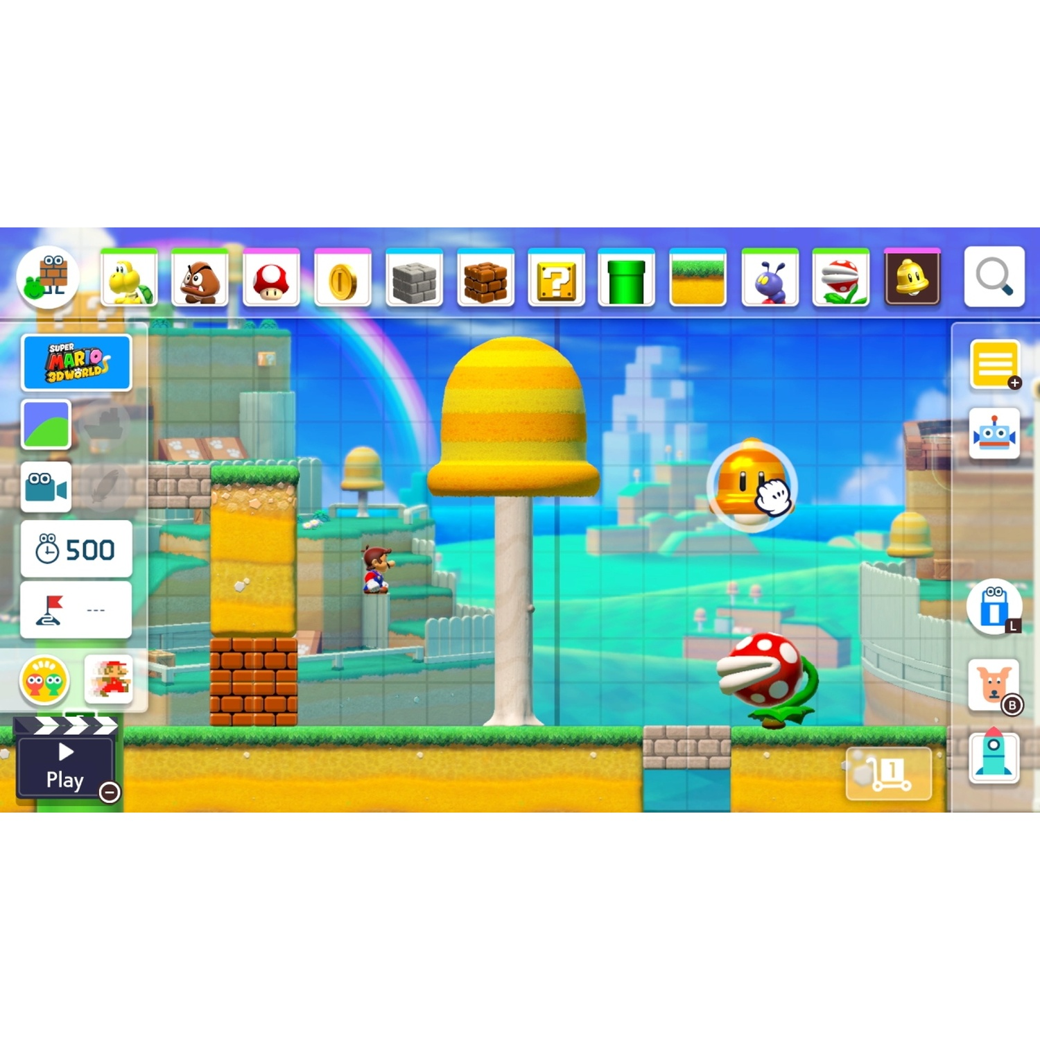 Mario game interface with Mario, Piranha plant, Goomba, Koopa and items.