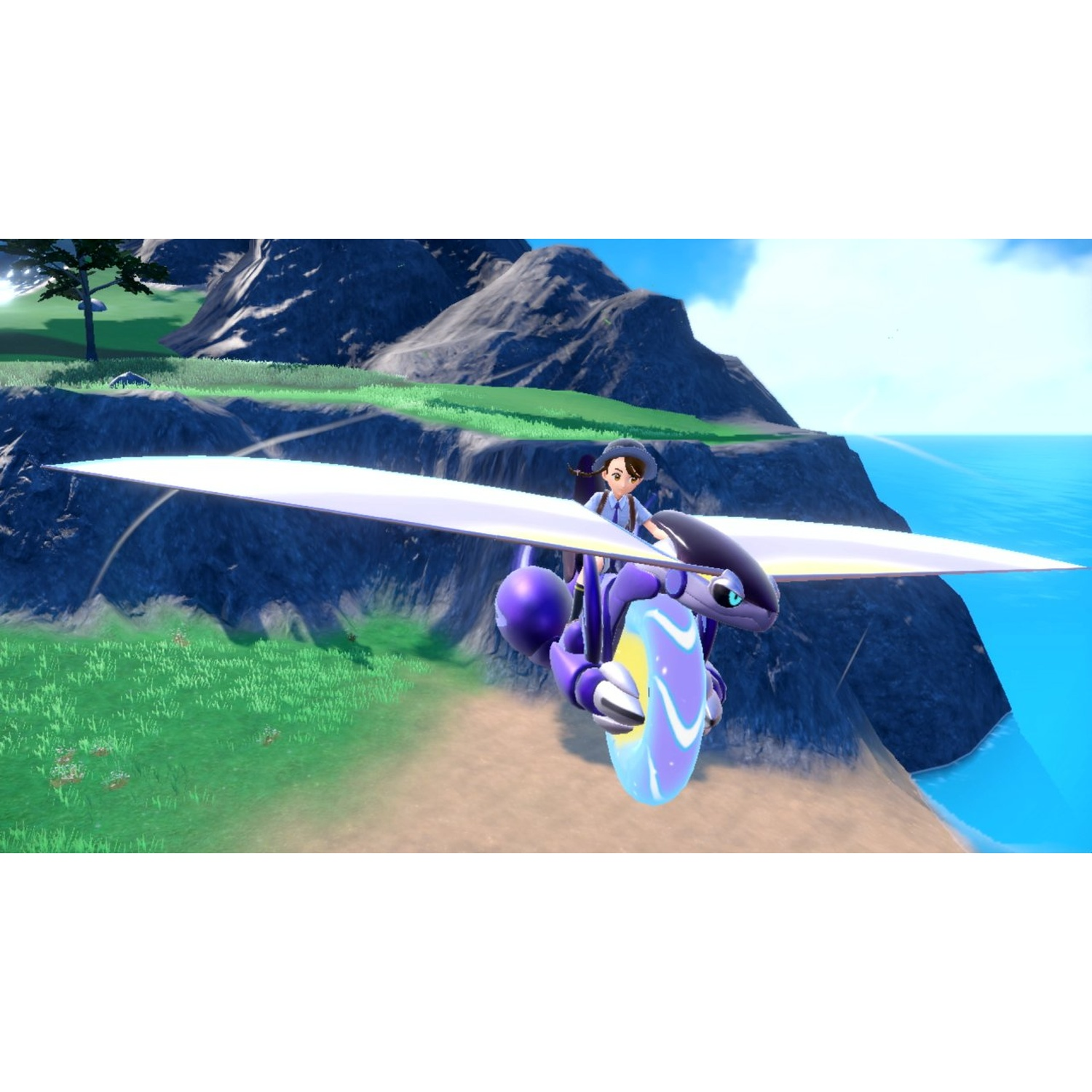 A person rides a purple flying vehicle with large white wings over a grassy landscape and ocean.