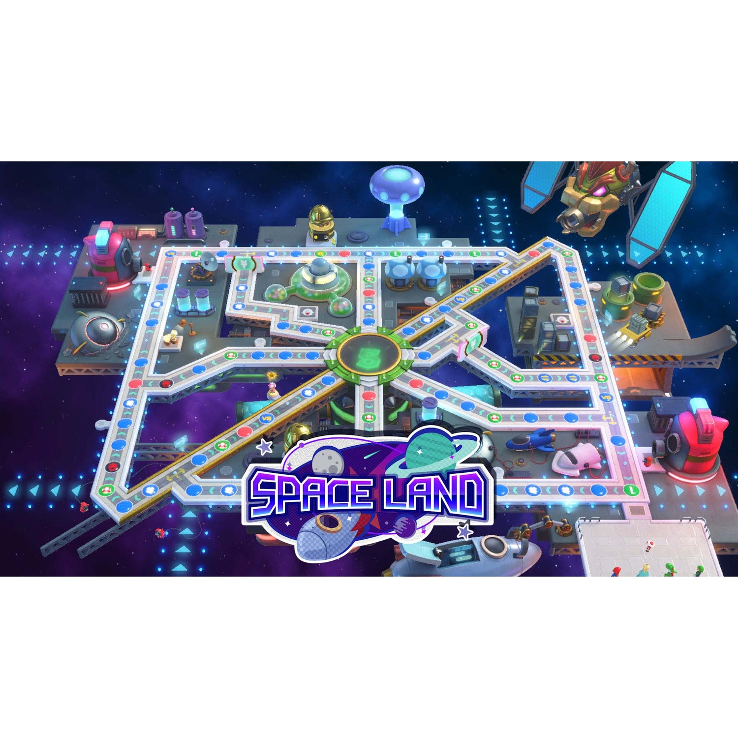 A space-themed game board with characters and a 'SPACE LAND' logo.