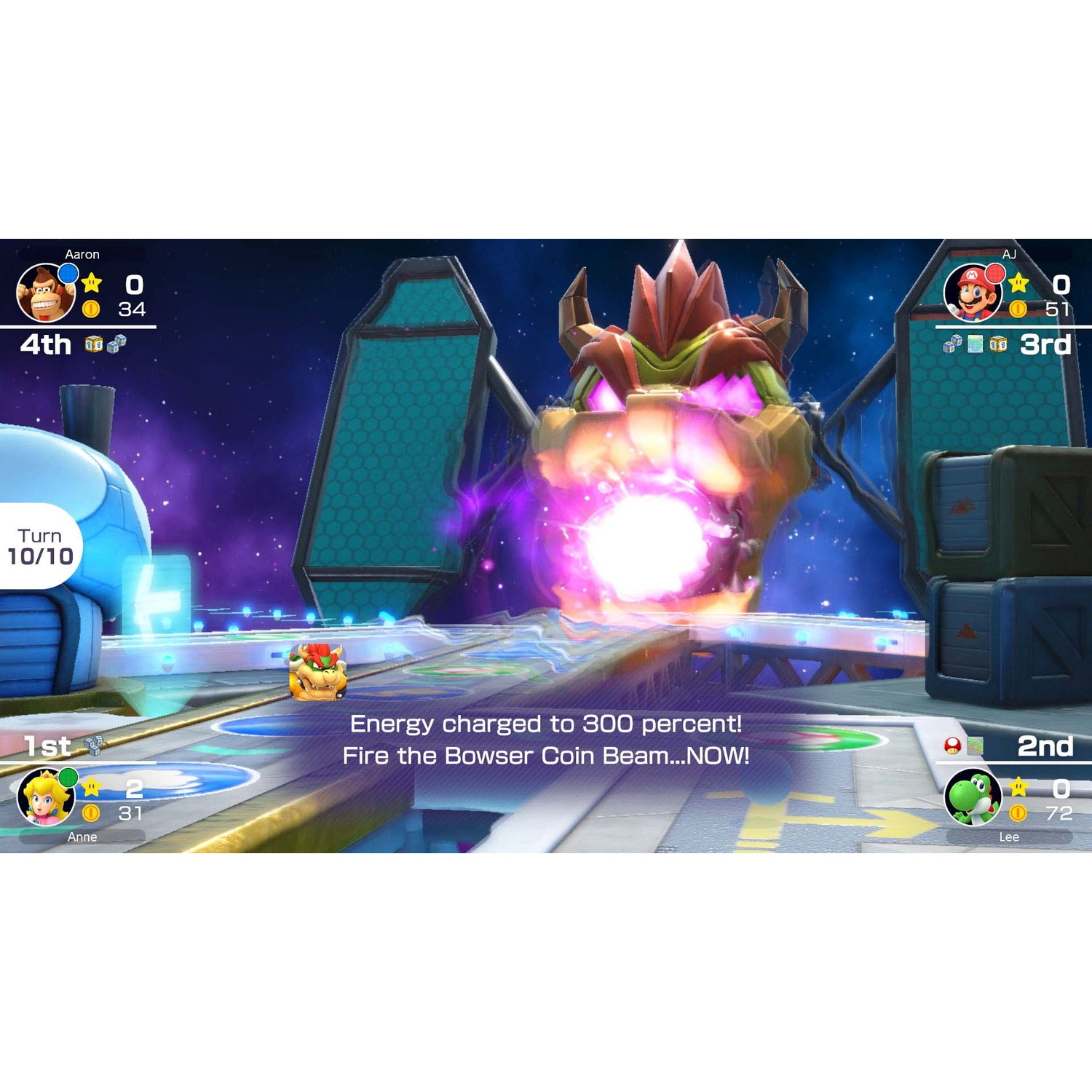 A video game board with characters and an energy blast.