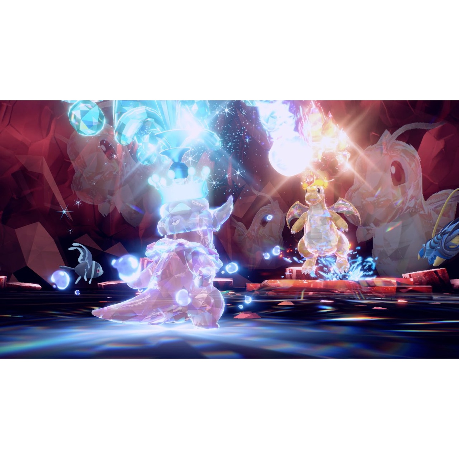 Crystalline Pokémon with crowns on shiny ground, surrounded by light effects.
