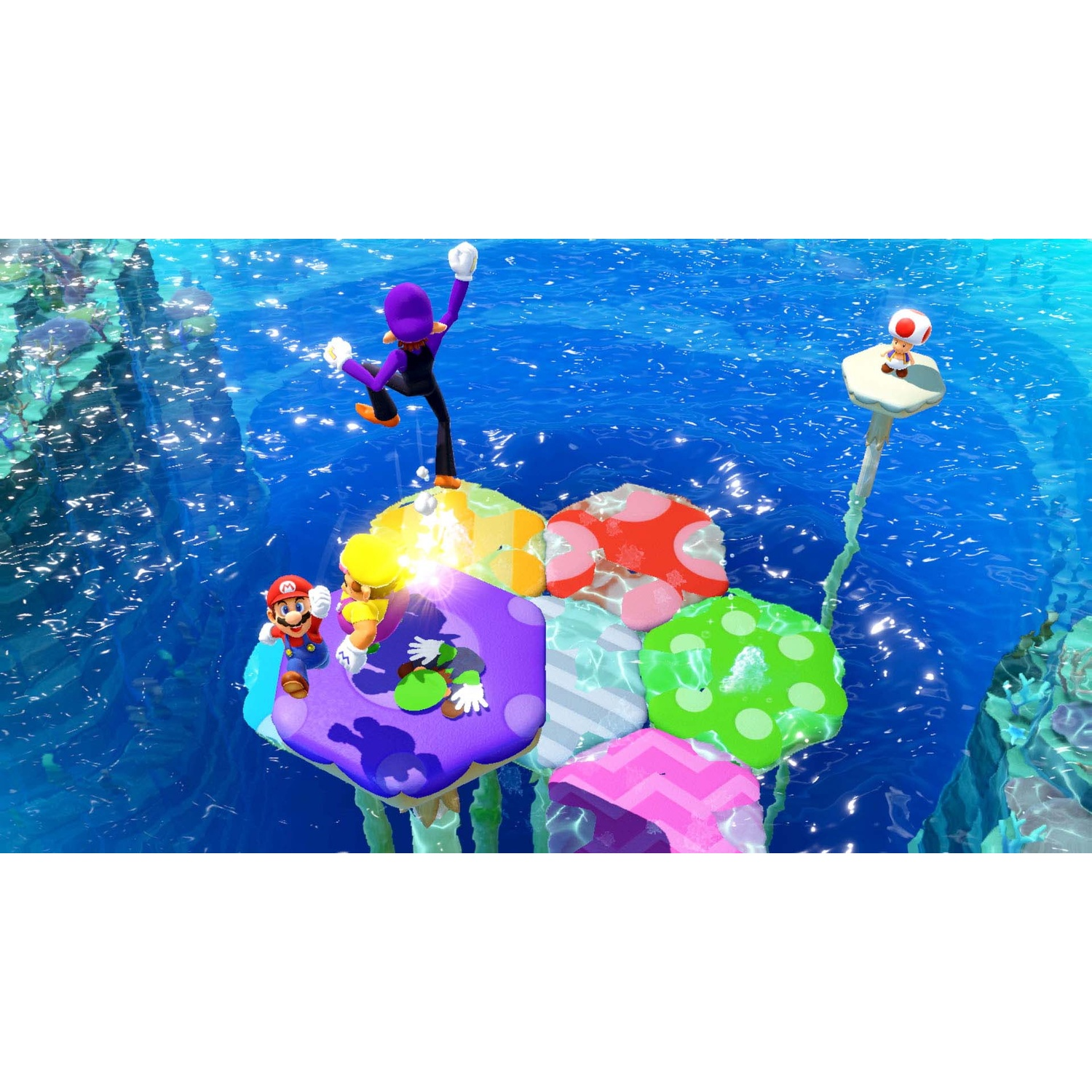 Mario, Luigi, Waluigi, and Toad on mushroom platforms over blue water.