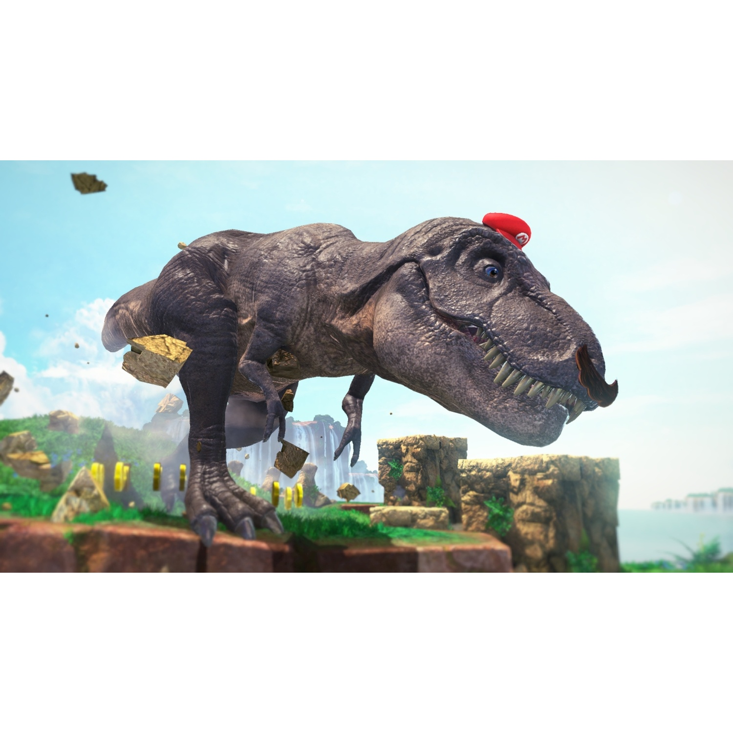 A Tyrannosaurus Rex wearing a hat on a floating island, looking right.