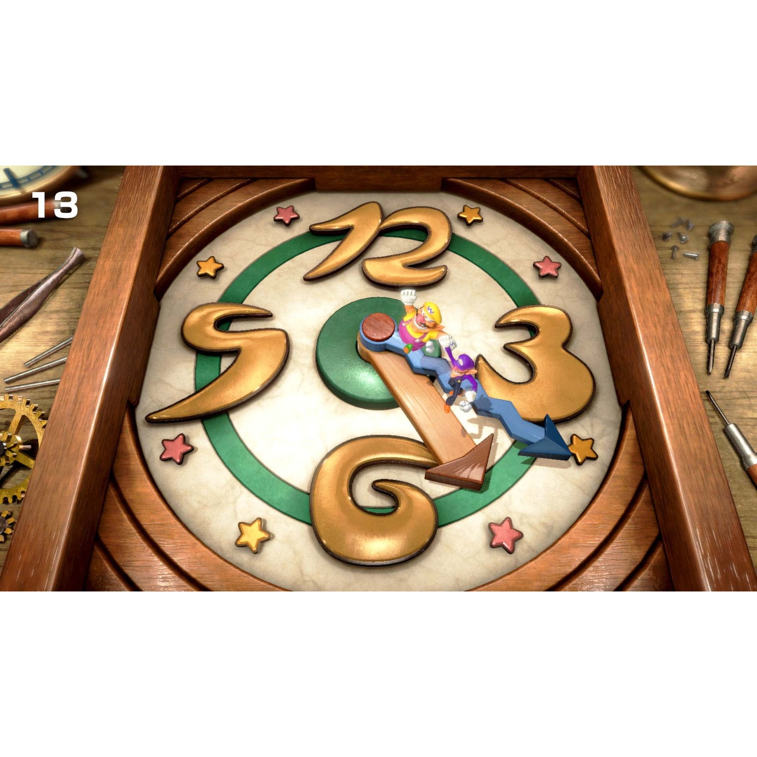 A wooden frame with a clock face. Characters and numbers are on the clock face.