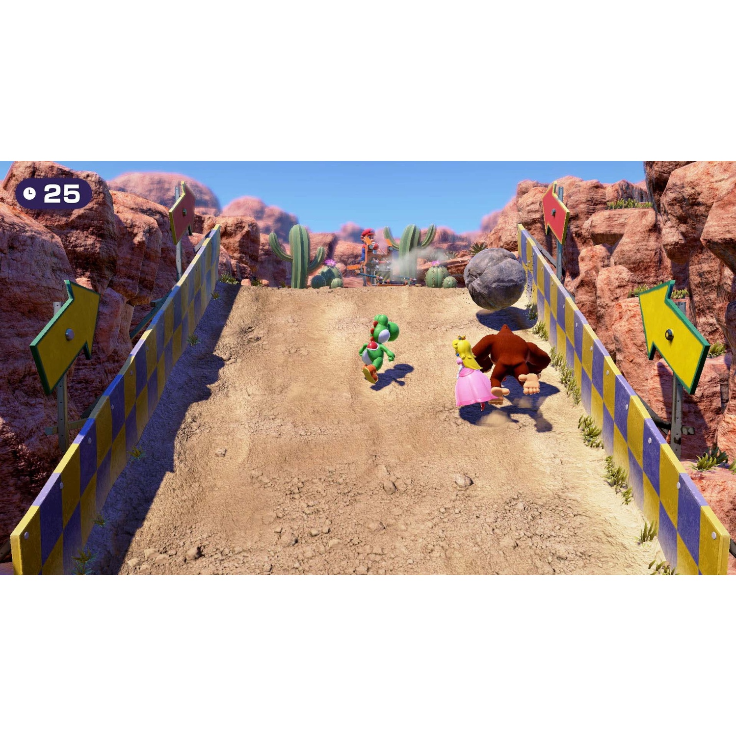 Yoshi, Princess Peach, and Donkey Kong race on a dusty track in a desert landscape.