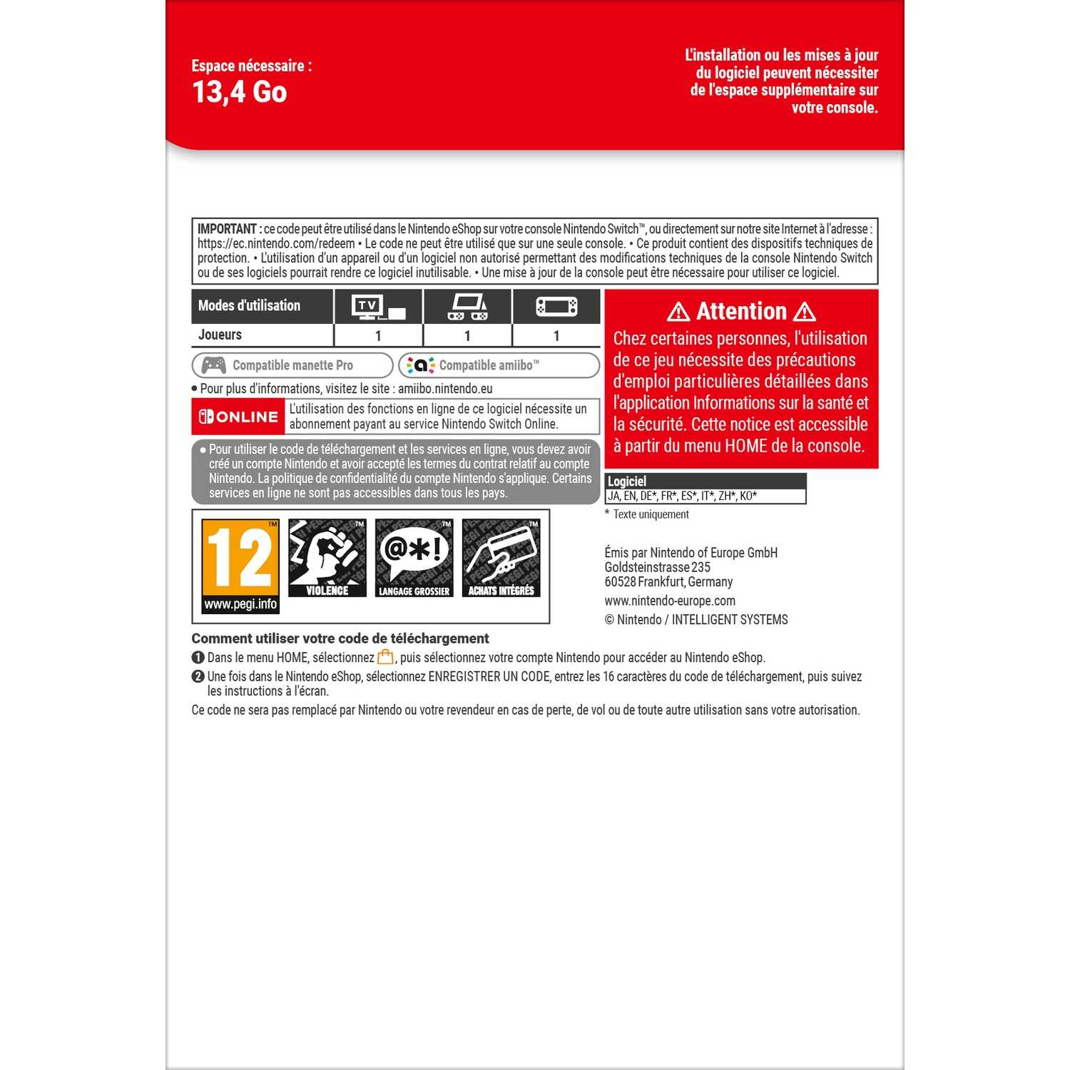 Nintendo Switch Download Code page with PEGI 12, languages, and instructions.