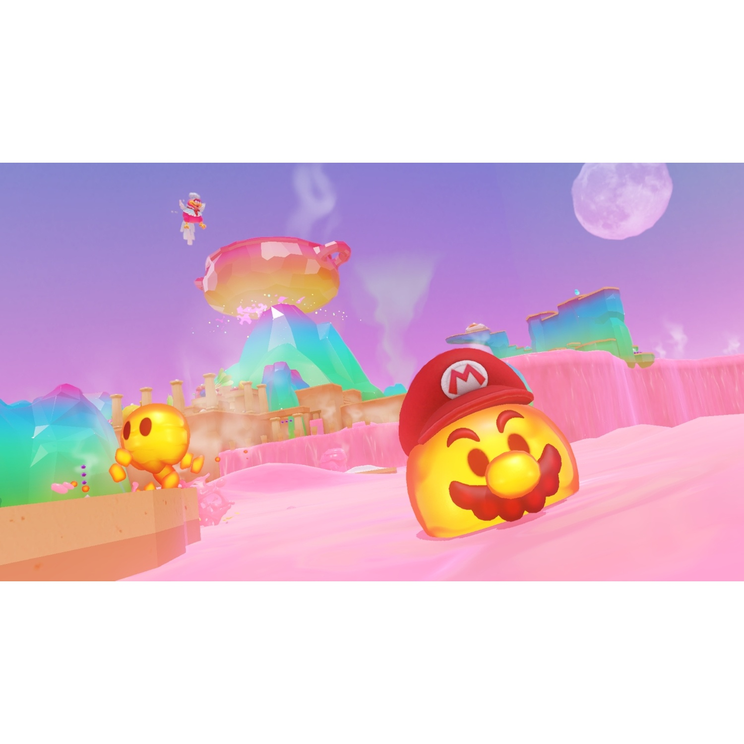 Yellow Mario character on pink sand with crystal mountains in the background.