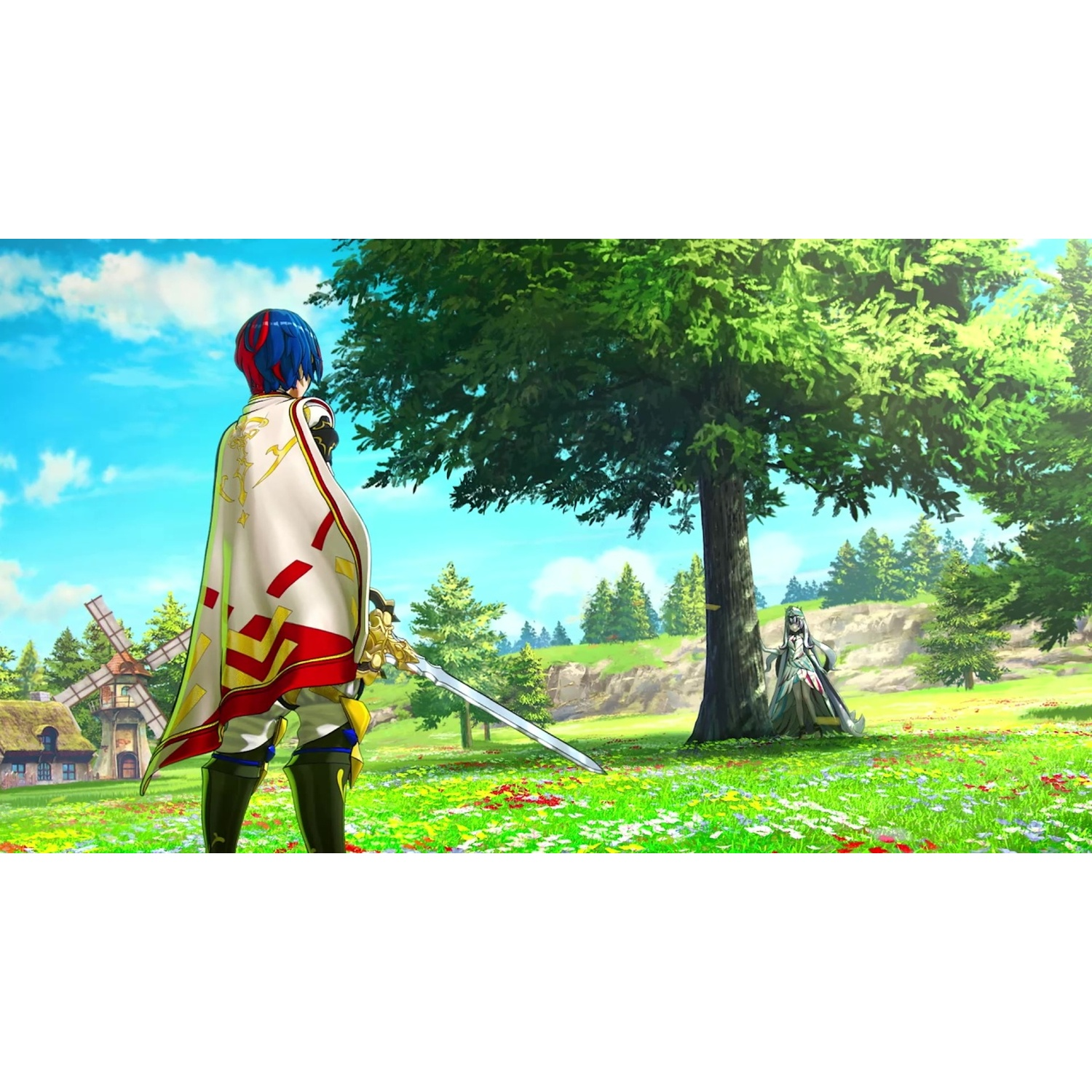 A man with a sword and white cape stands in a flower field before a tree.