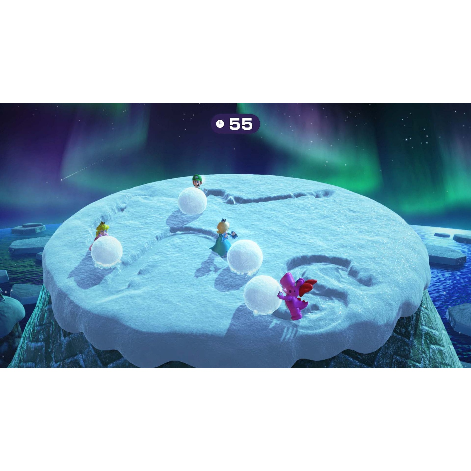 Players on an icy island with snowballs under the aurora borealis.