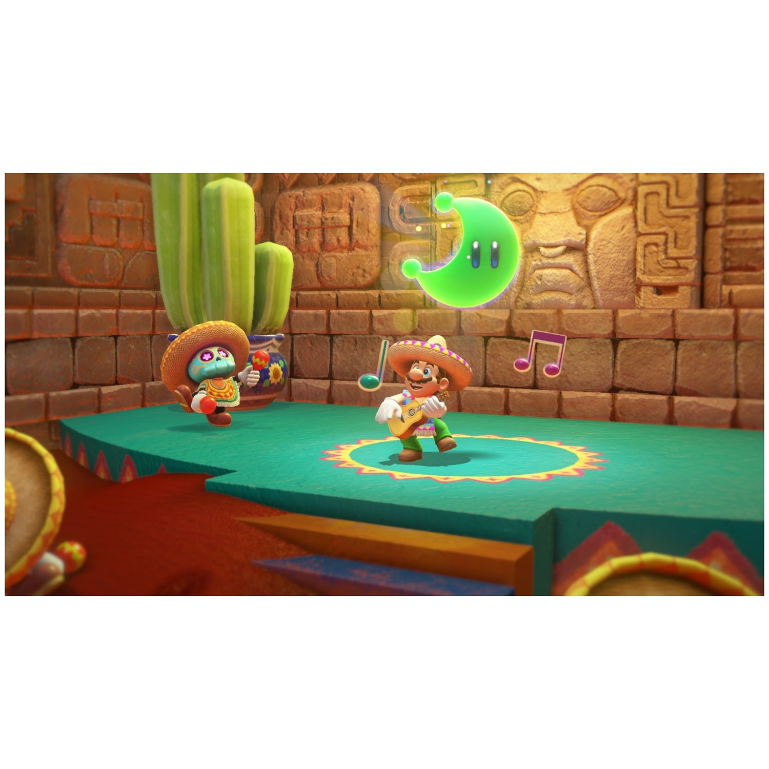 Two characters on a stage, one plays guitar, a green moon floats above.