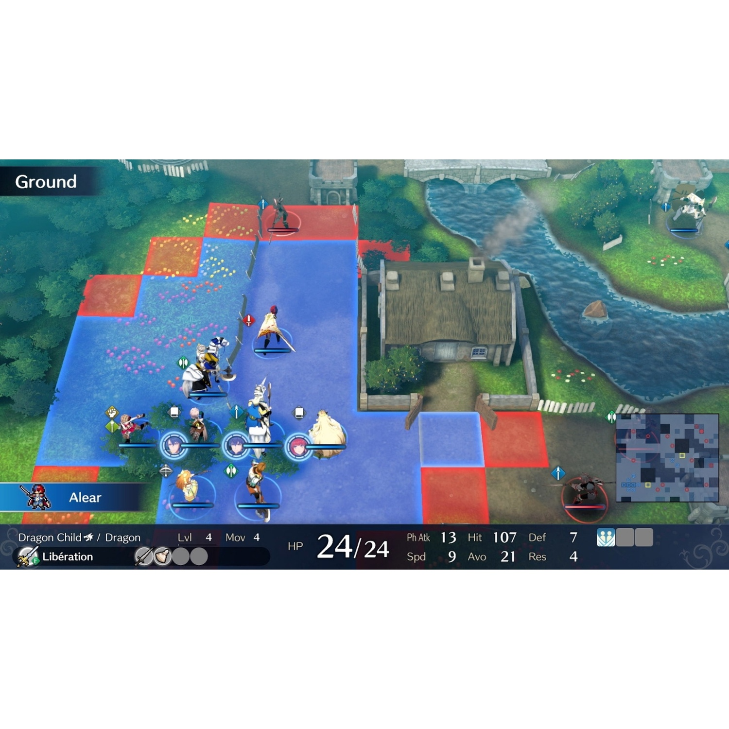 Turn-based strategy game with fantasy characters on a grid map, near a village and river.