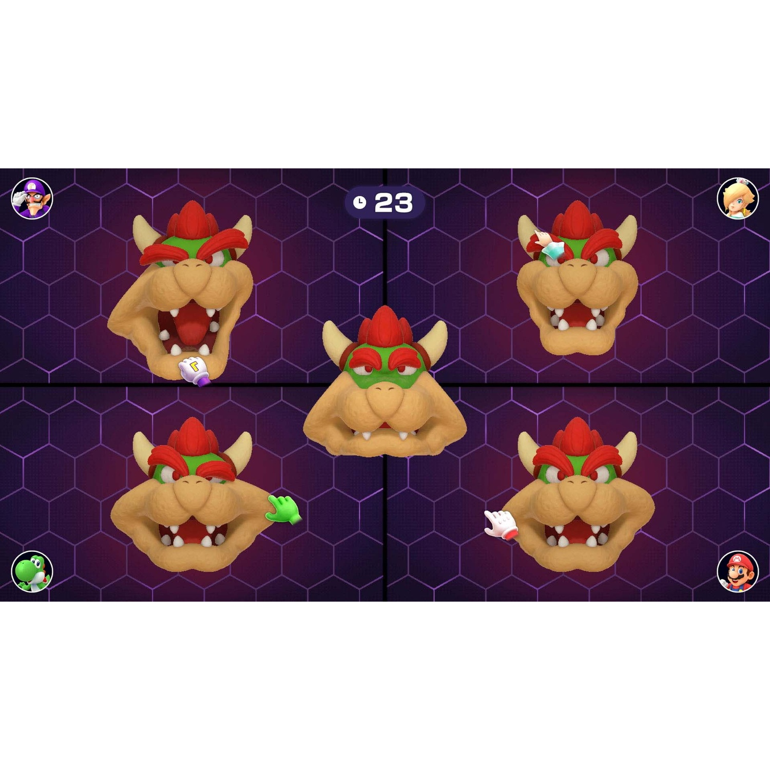 Five Bowser heads with various expressions on a purple background.