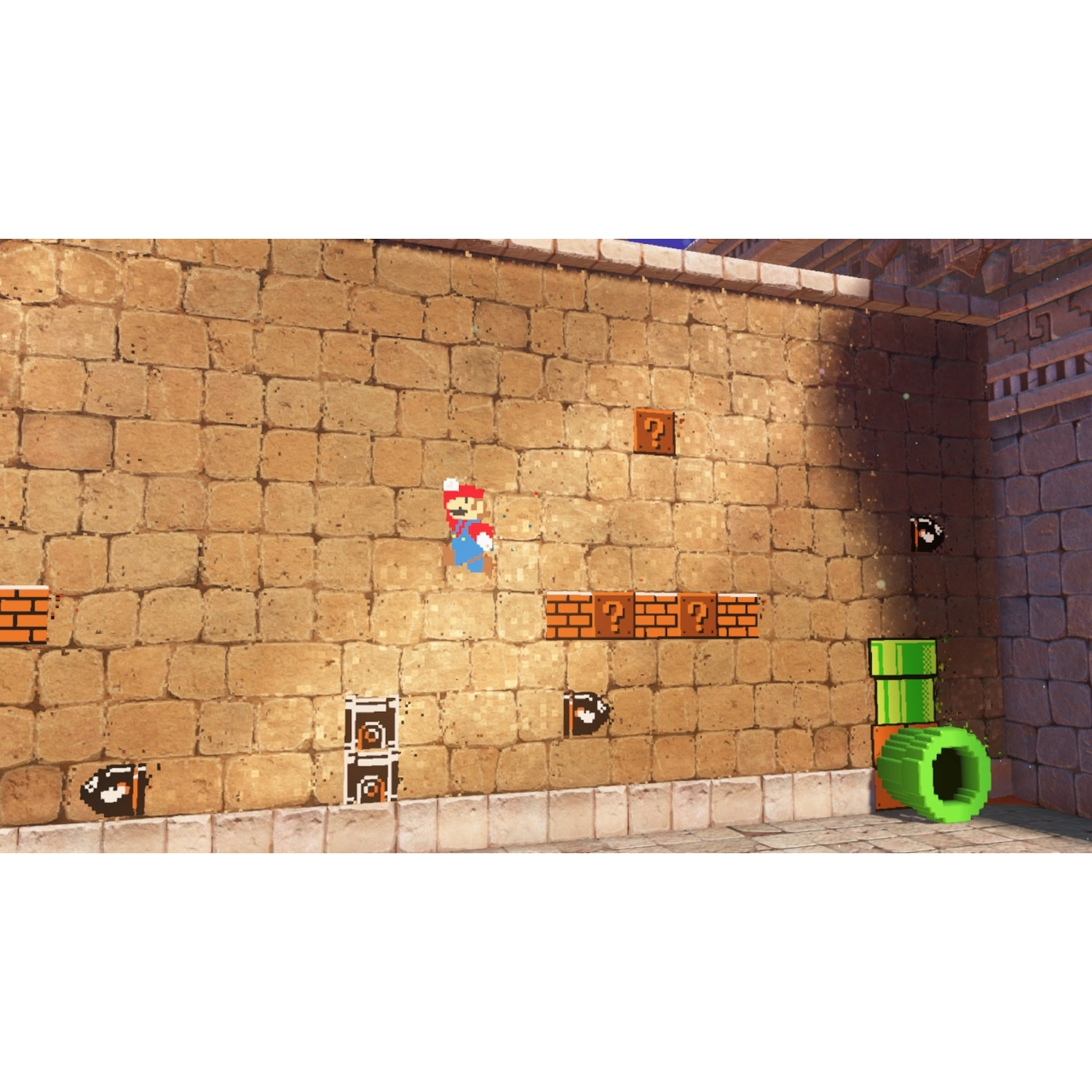 Mario jumps towards a brick wall, with question mark blocks and pipes.