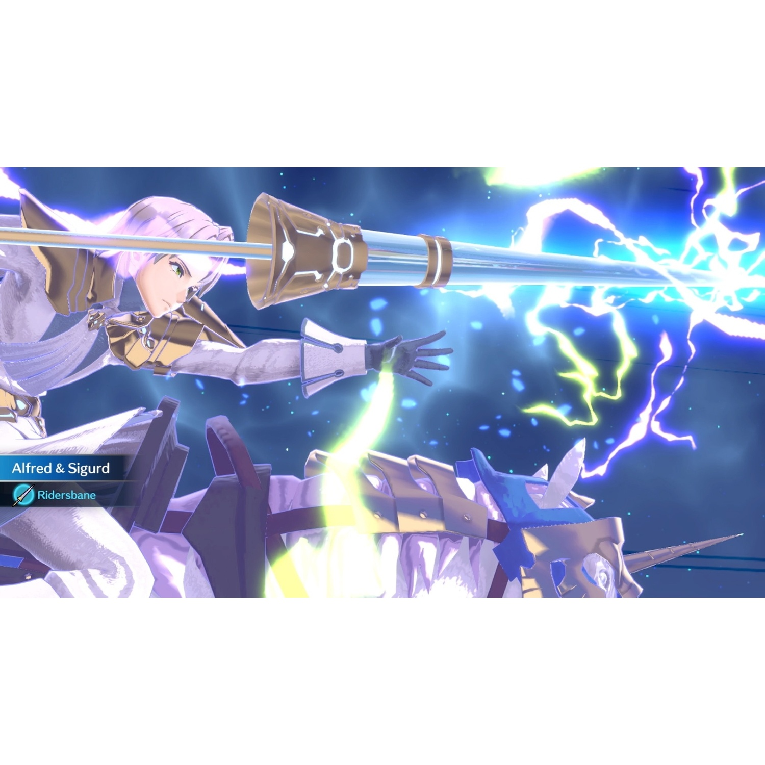 A character with purple hair rides a white creature as lightning flashes.