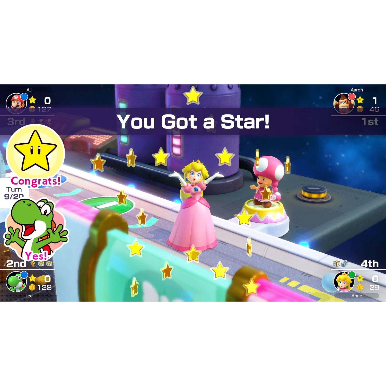 Mario Party game screen: Peach gets a star. Players AJ, Aaron, Lee, Anne.