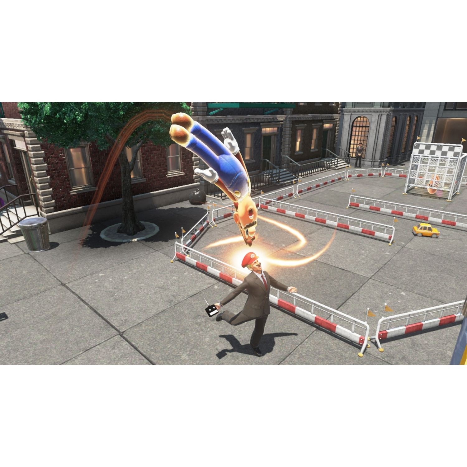 Mario in a suit controls a flying Mario in a city street race.