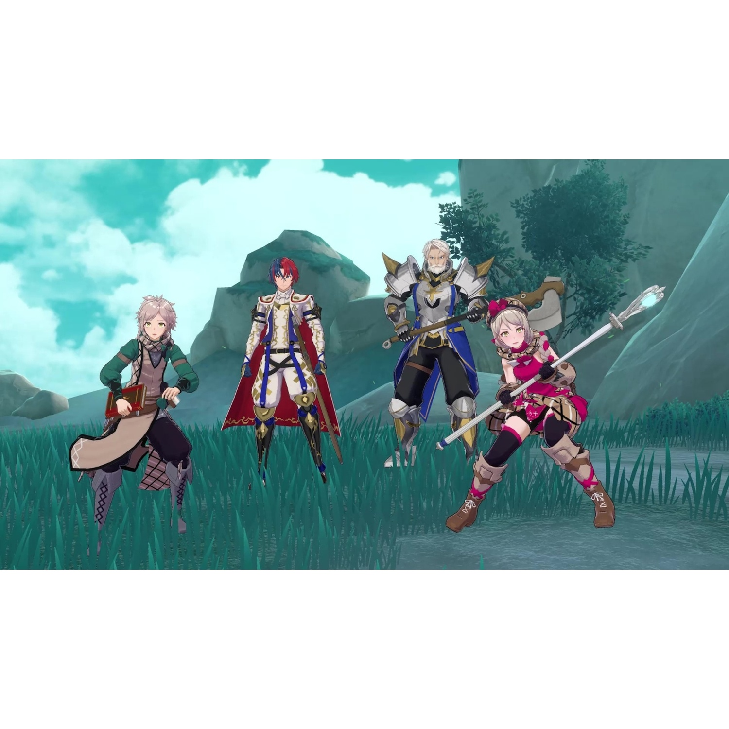 Four characters pose in a grassy landscape with mountains in the background.