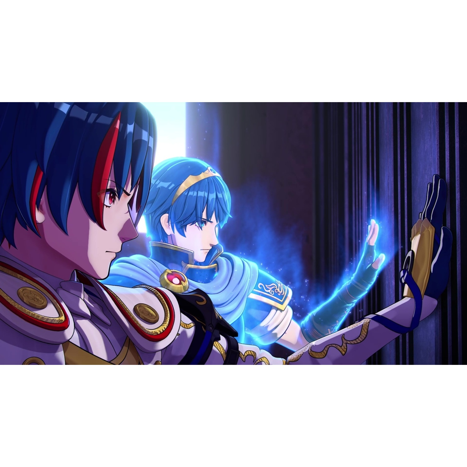 Two anime-style figures in armor stand side-by-side, one gesturing with glowing blue energy.