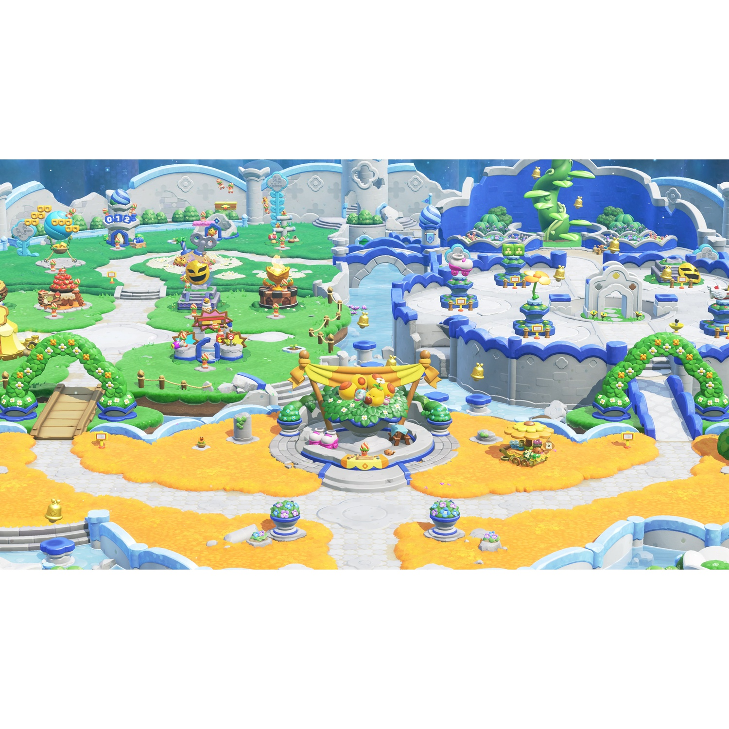 A colorful, whimsical video game world with whimsical structures and bright orange ground cover.
