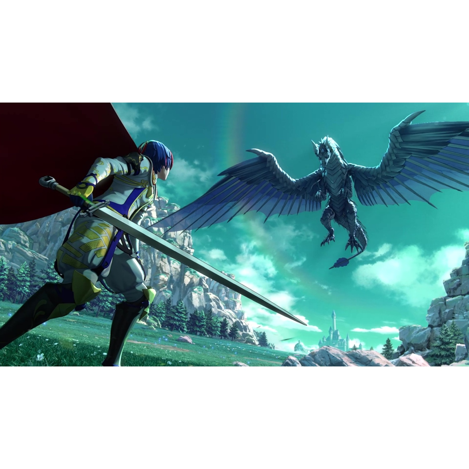 A warrior in a red cape with a sword faces a dragon in flight.