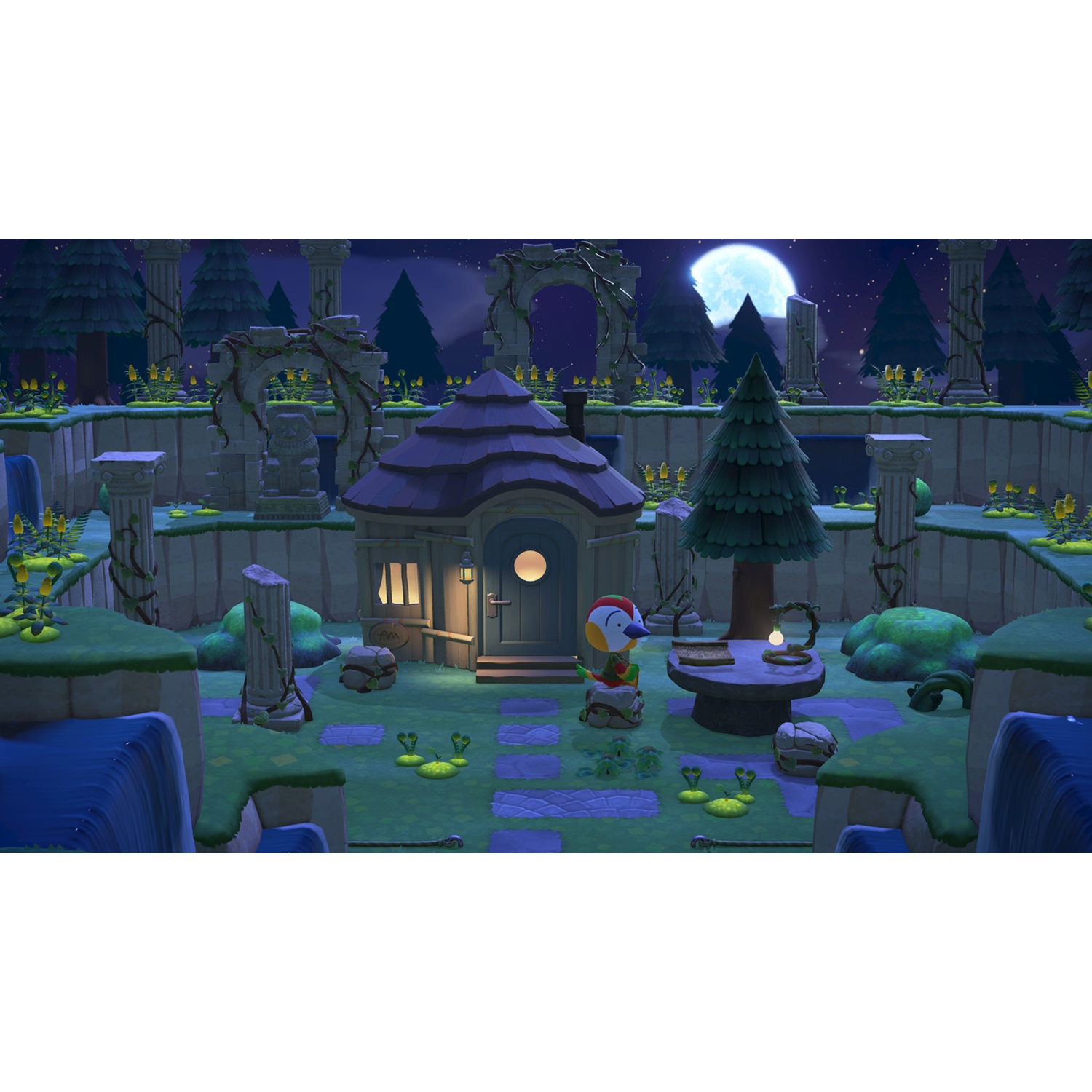 A bird character sits near a house in a moonlit forest with ruins and a waterfall.