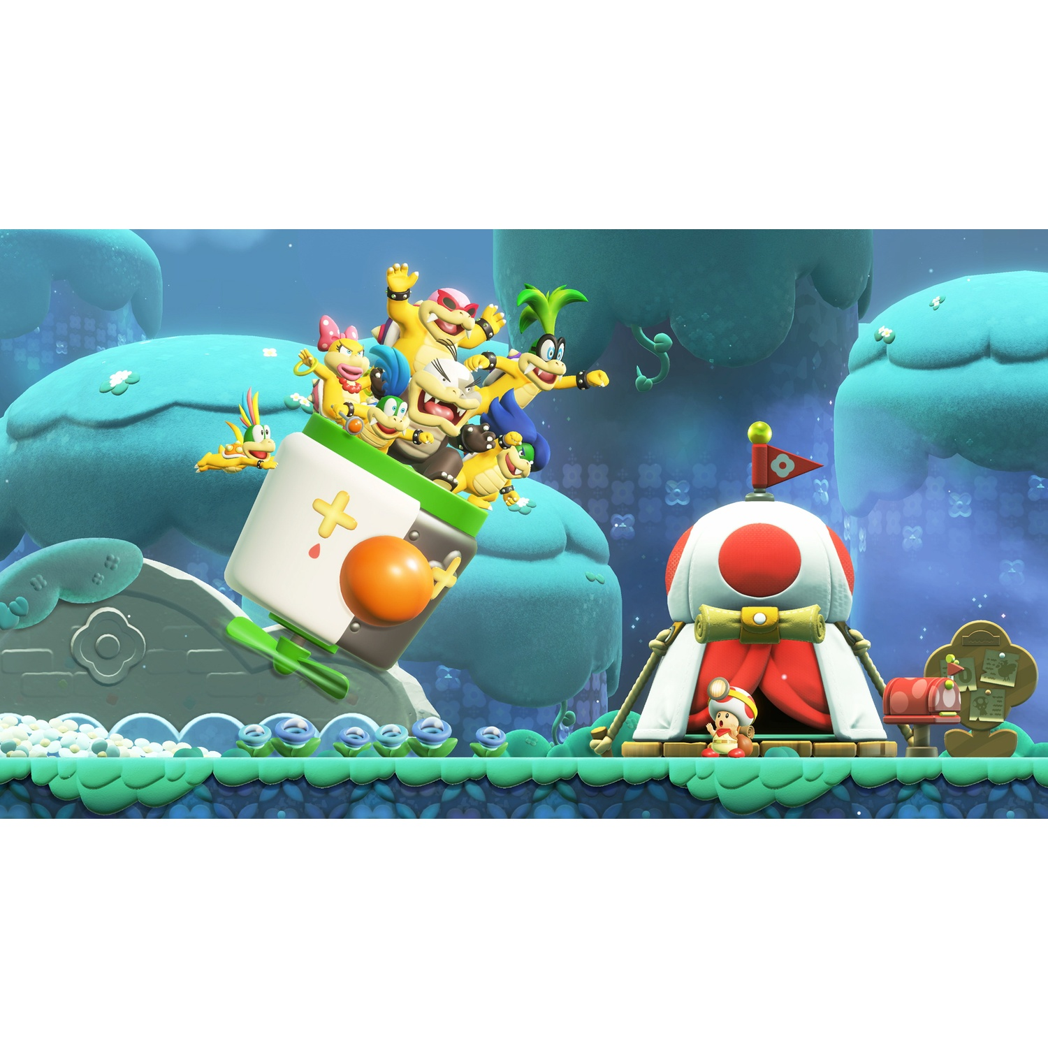 Mario characters on a rocket and in a mushroom tent on a blue planet.