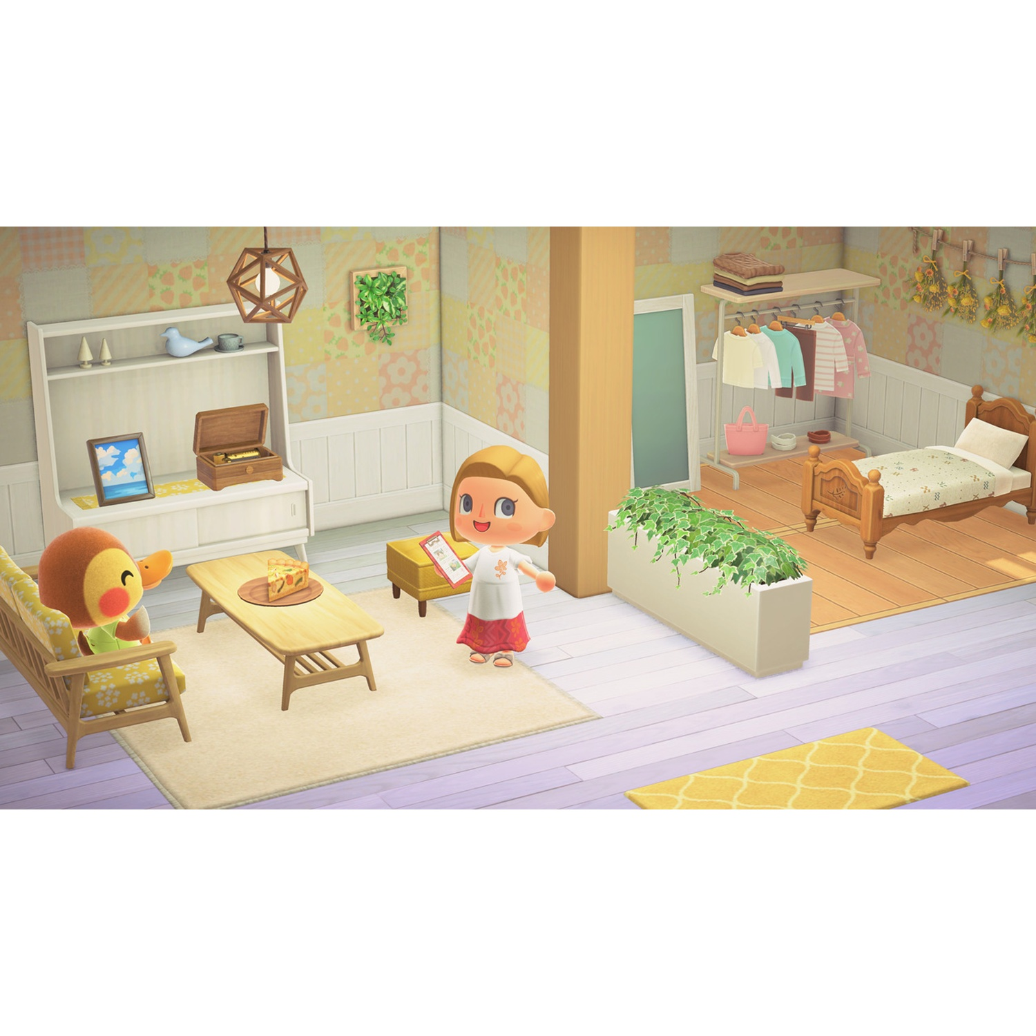 An animal character sits on a yellow sofa in a room with a bed and clothing rack.